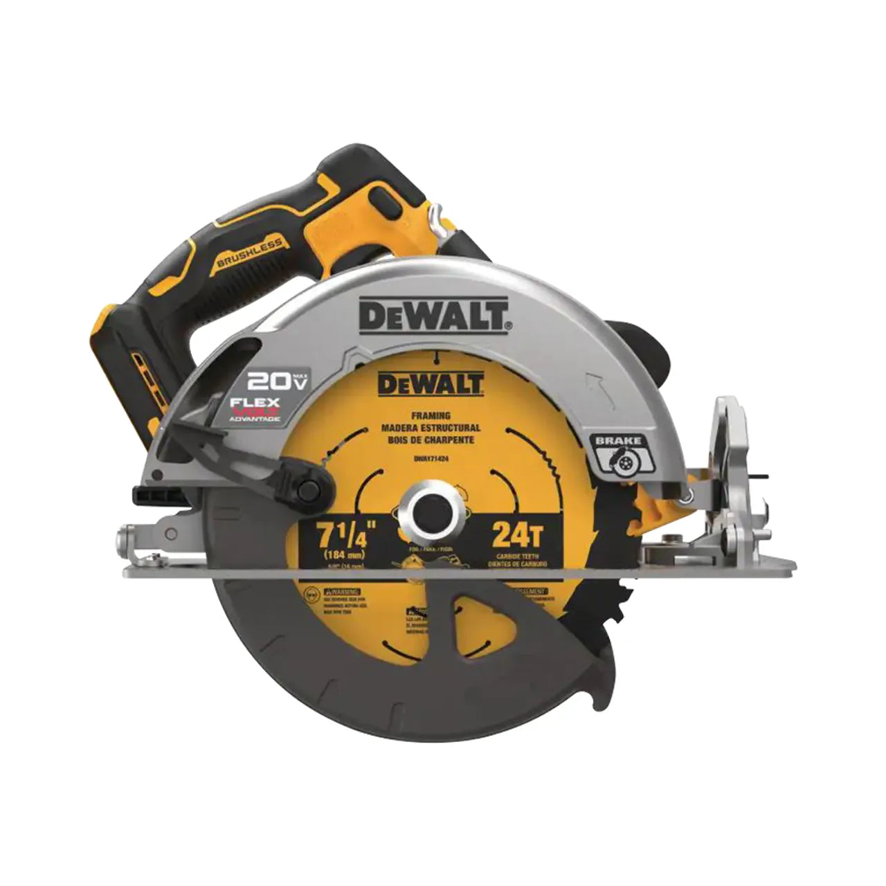 The Go Build 20V MAX Cordless Brushless 7-1/4 in. Circular Saw (Tool Only) features a distinctive yellow and black design, gray metal blade guard, and a 7-1/4 in., 24-tooth blade for efficient cutting.